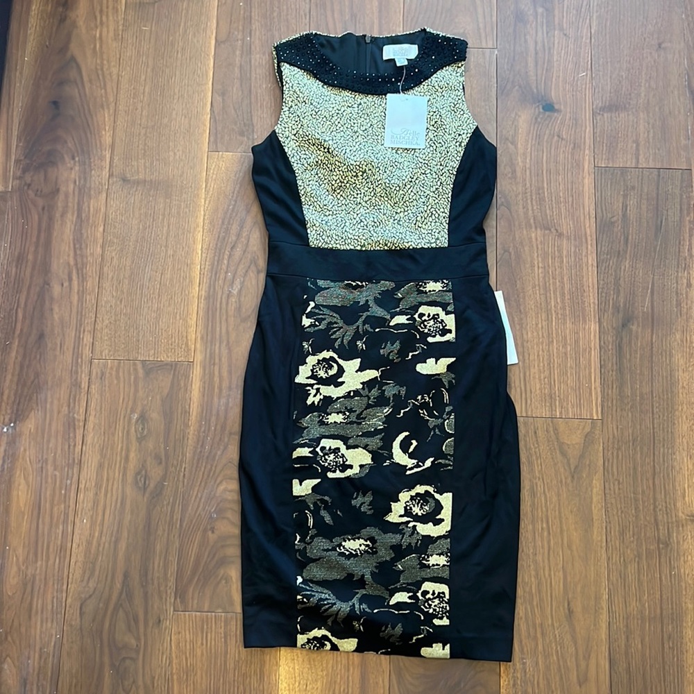 NWT! Black and gold knee length dress, size 2